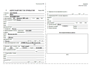 Адресный листок прибытия граждан при регистрации в Федеральной миграционной службе. Форма N 2