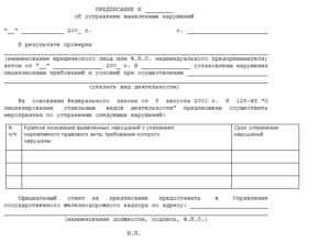 Предписание службы (отдела) охраны труда железной дороги об устранении нарушений