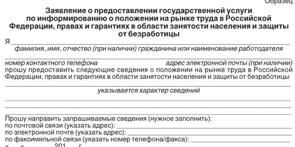 Заявление-анкета о предоставлении государственной услуги по информированию о положении на рынке труда в Российской Федерации, правах и гарантиях в области занятости населения и защиты от безработицы (образец)