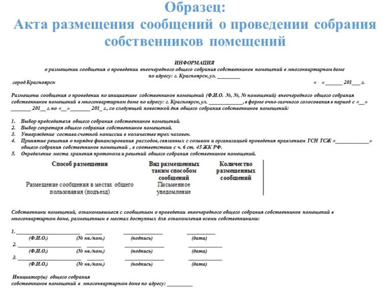 Образец сообщения о проведении общего собрания собственников помещений ...
